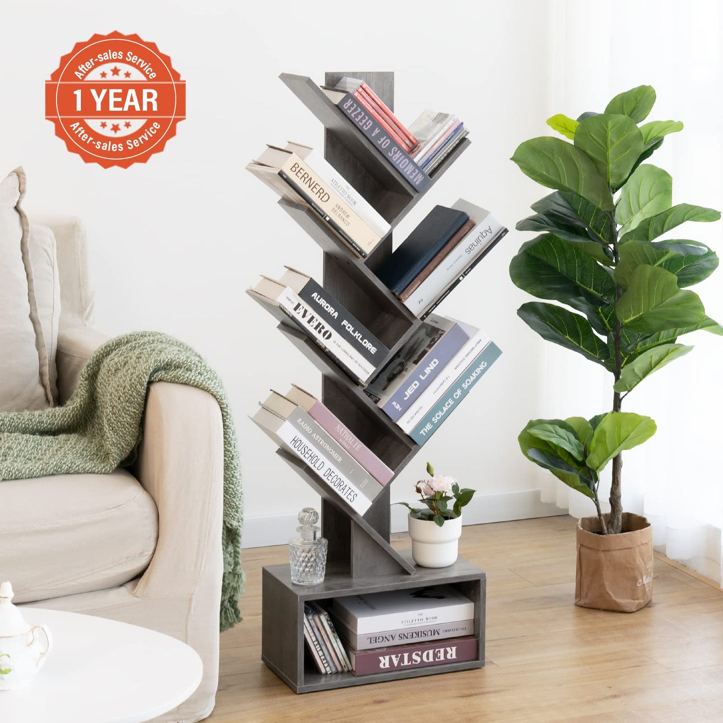 Tree Bookshelf - 6 Shelf Retro Floor Standing Bookcase, Tall Wood Book Storage Rack