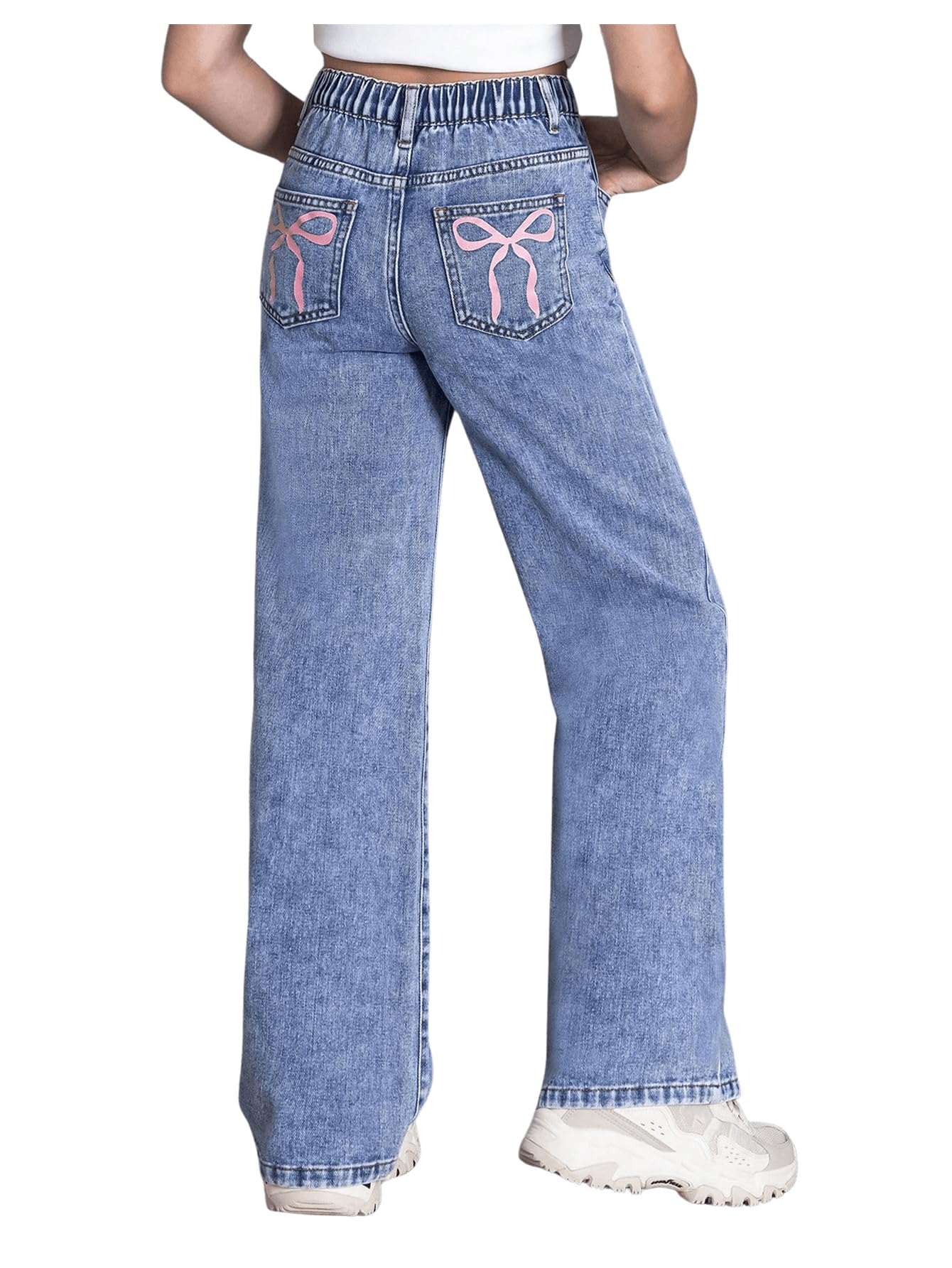 Girl's Bow Print Back Zipper Fly Elastic High Waist Denim Pants Basic Wide Leg Jeans