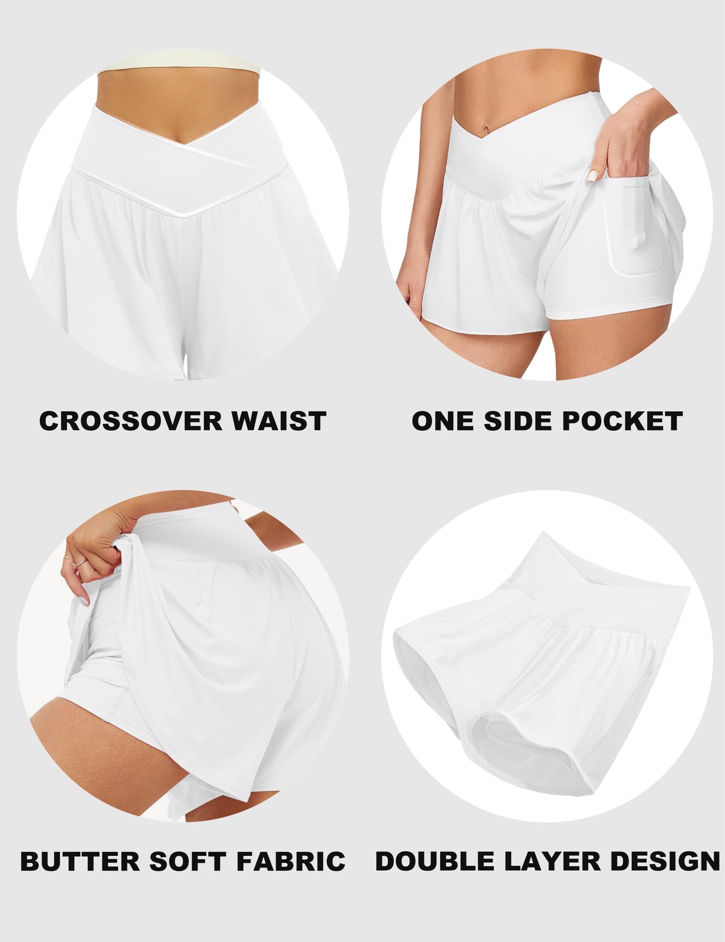 Crossover Athletic Shorts for Women – 2-in-1 Flowy Running Shorts with Pockets & Spandex Tennis Skorts