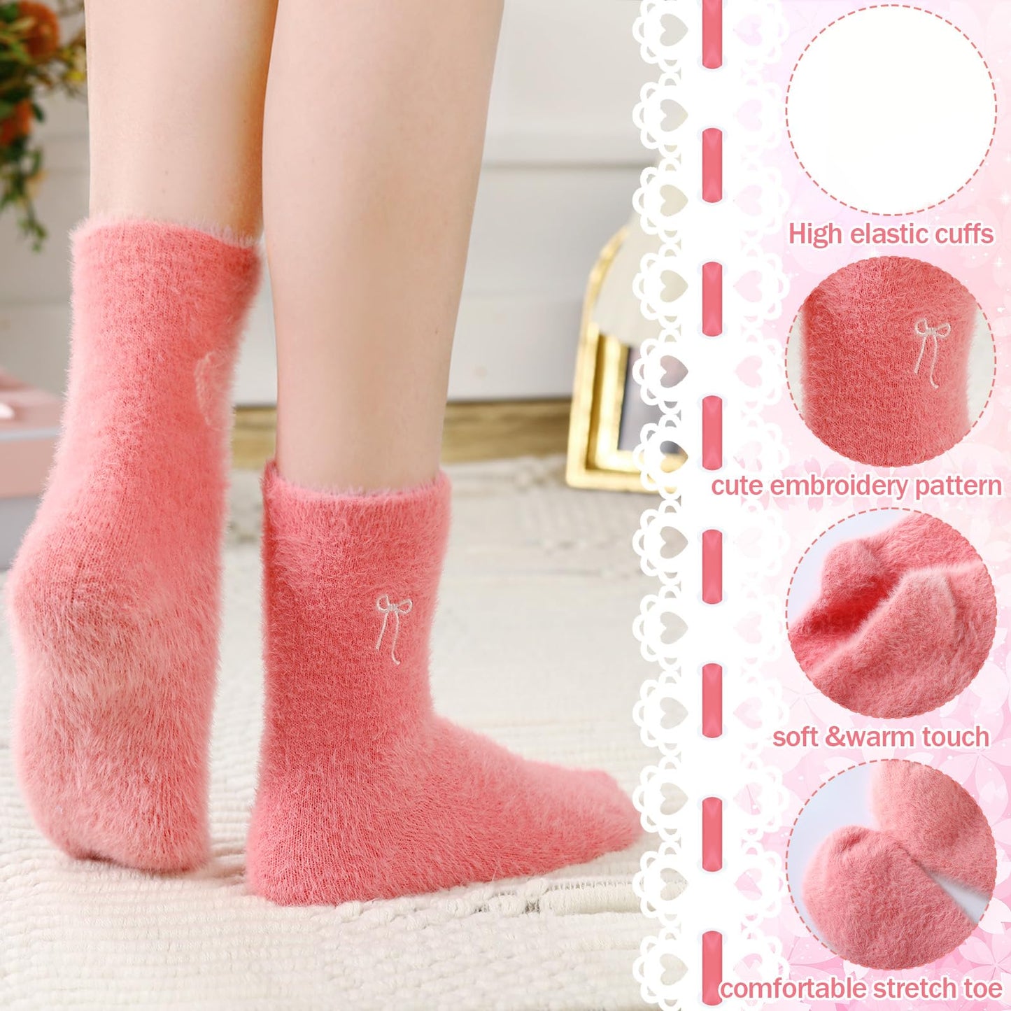 Women's Bow Fuzzy Socks Winter Crew Slipper Socks Coquette 5 Pcs