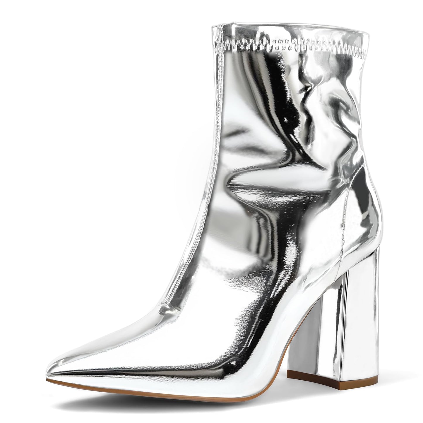 Women's GoGo Boots Mid Calf Block Heel Ankle Boots Pointed Toe Patent Leather Side Zipper Booties