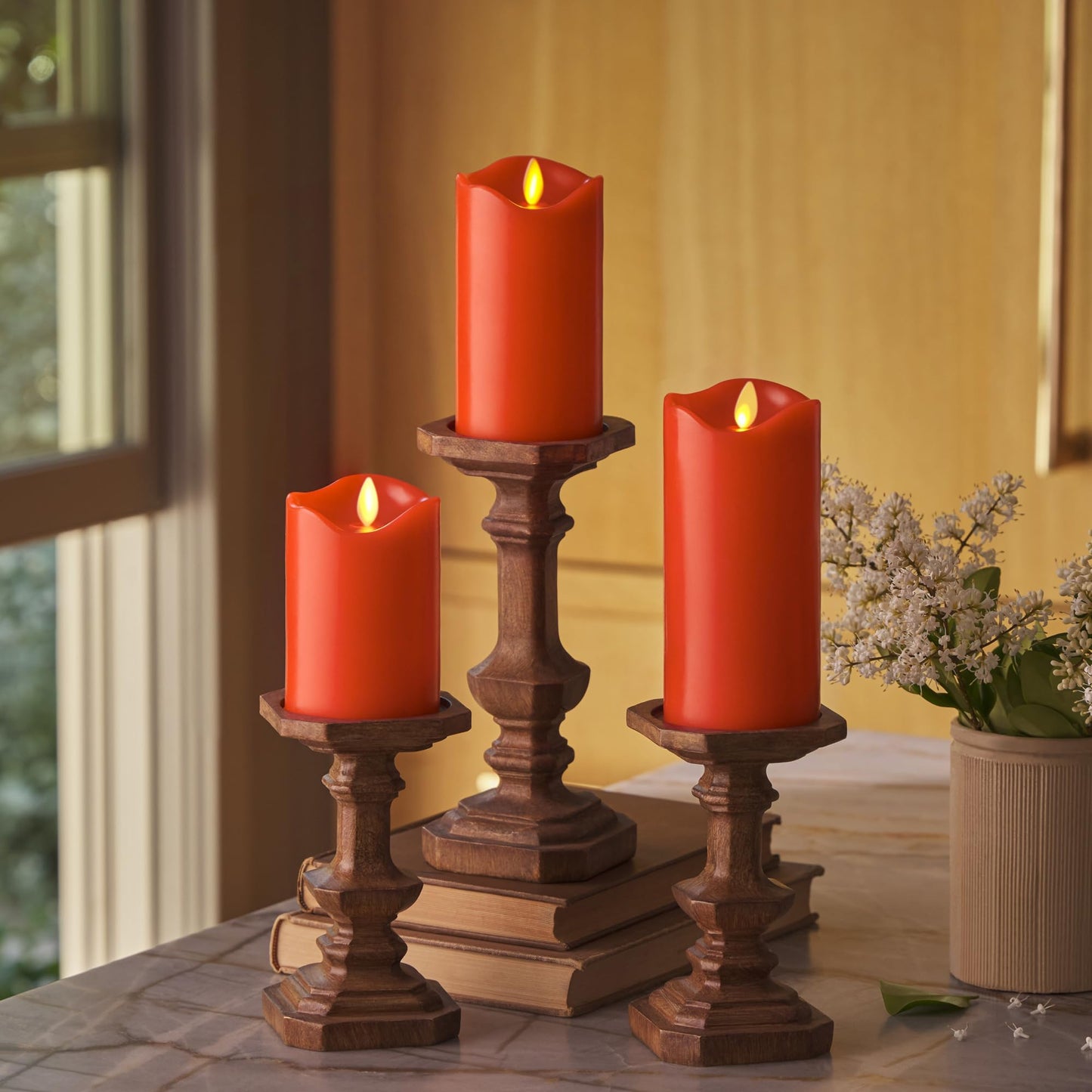 Flameless LED Flickering Battery Candle Moving Flame Pillar, Melted Edge, Real Wax Smooth Finish