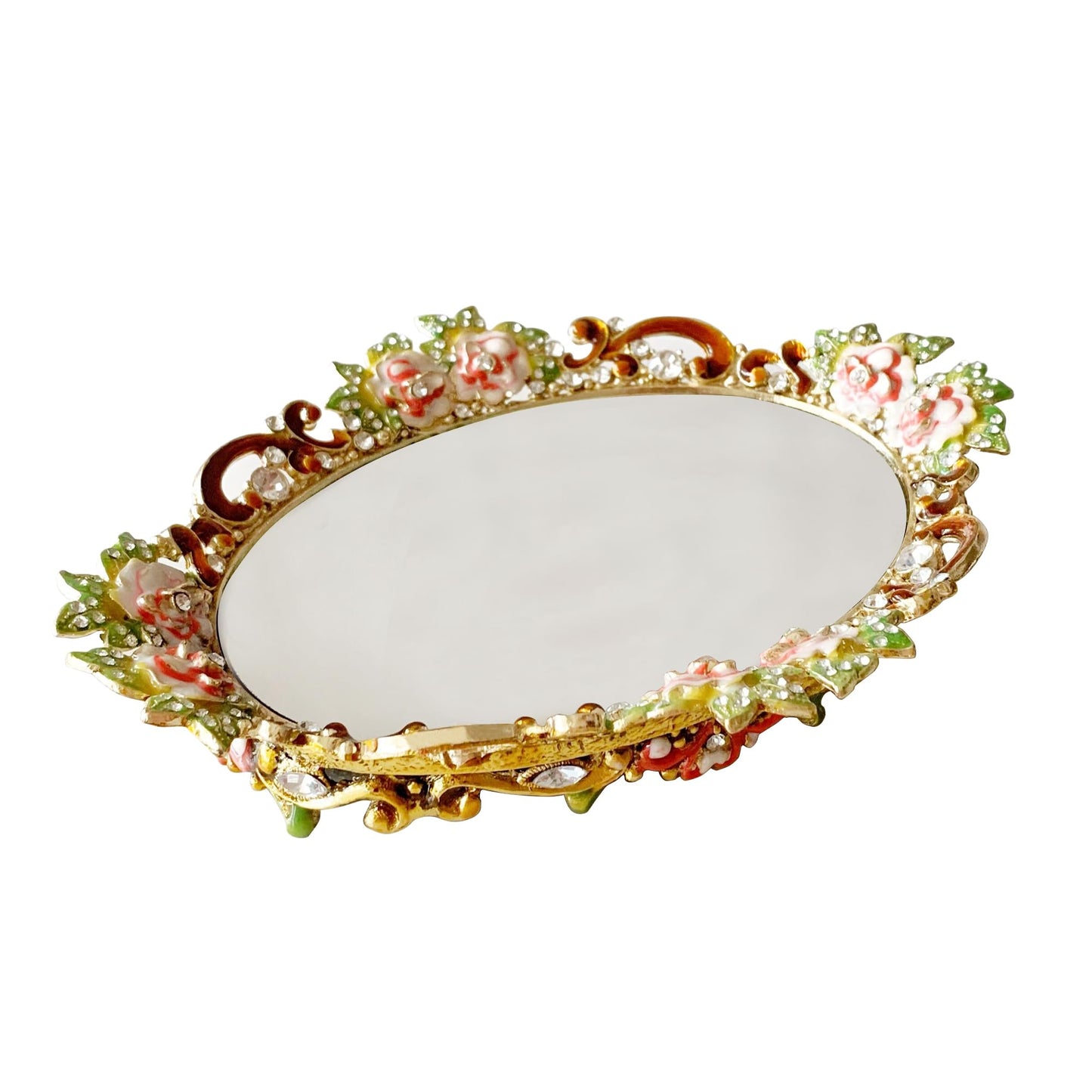 Hand-Painted Gold Floral Mirror Vanity Tray – Decorative Metal Jewelry and Makeup Organizer for Dresser or Countertop