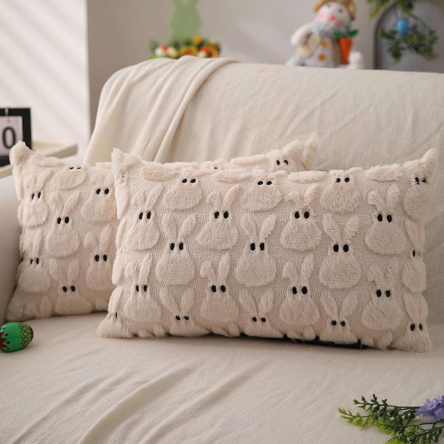 Easter Bunny Pillow Covers | Set of 2 Easter Soft Plush Faux Fur Jacquard Throw Pillows