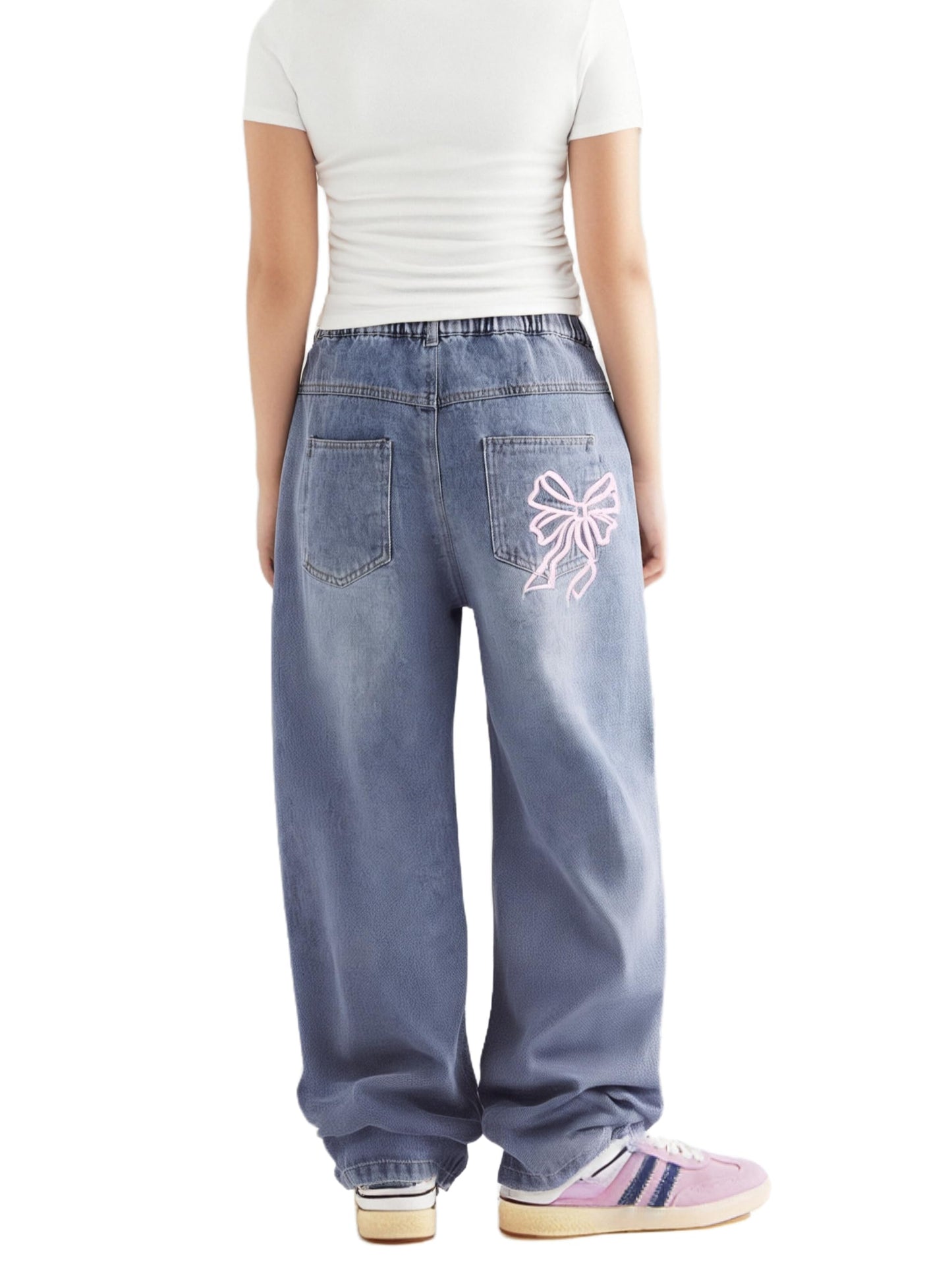 Girl's Bow Print Back Zipper Fly Elastic High Waist Denim Pants Basic Wide Leg Jeans