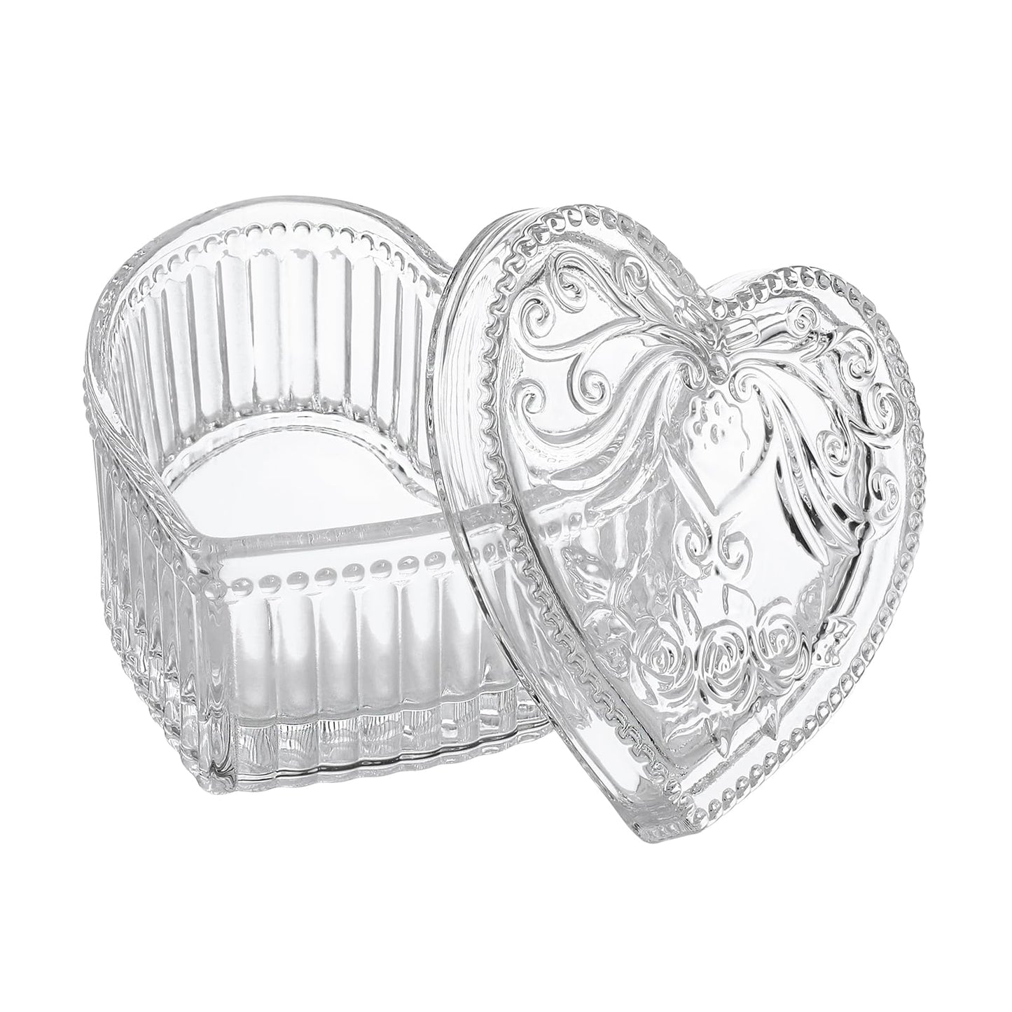 Heart-Shaped Crystal Glass Jewelry Box with Embossed Design and Lid