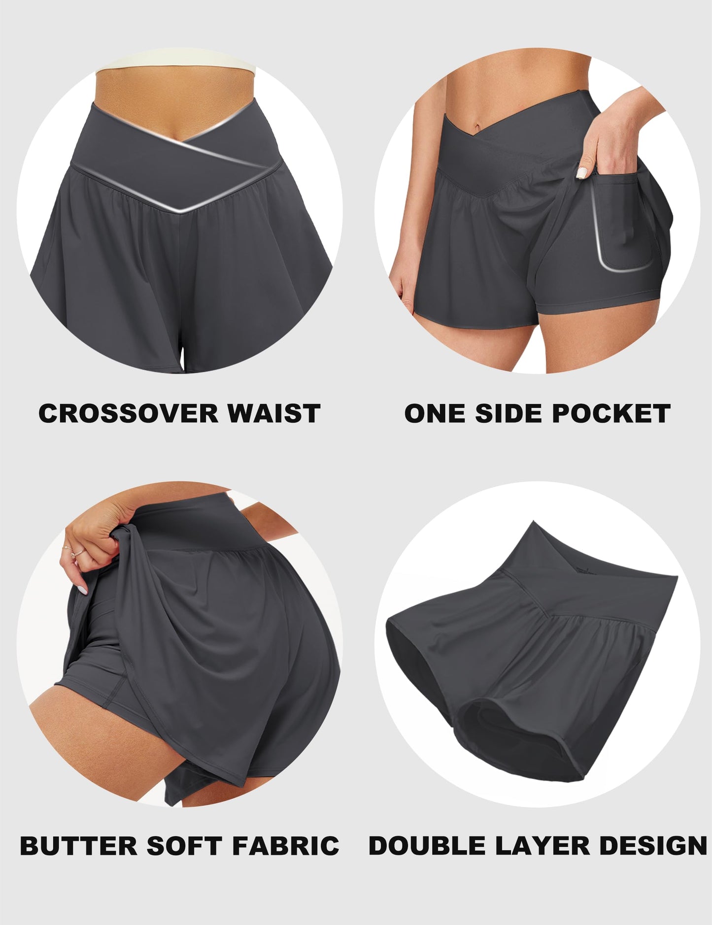 Crossover Athletic Shorts for Women – 2-in-1 Flowy Running Shorts with Pockets & Spandex Tennis Skorts