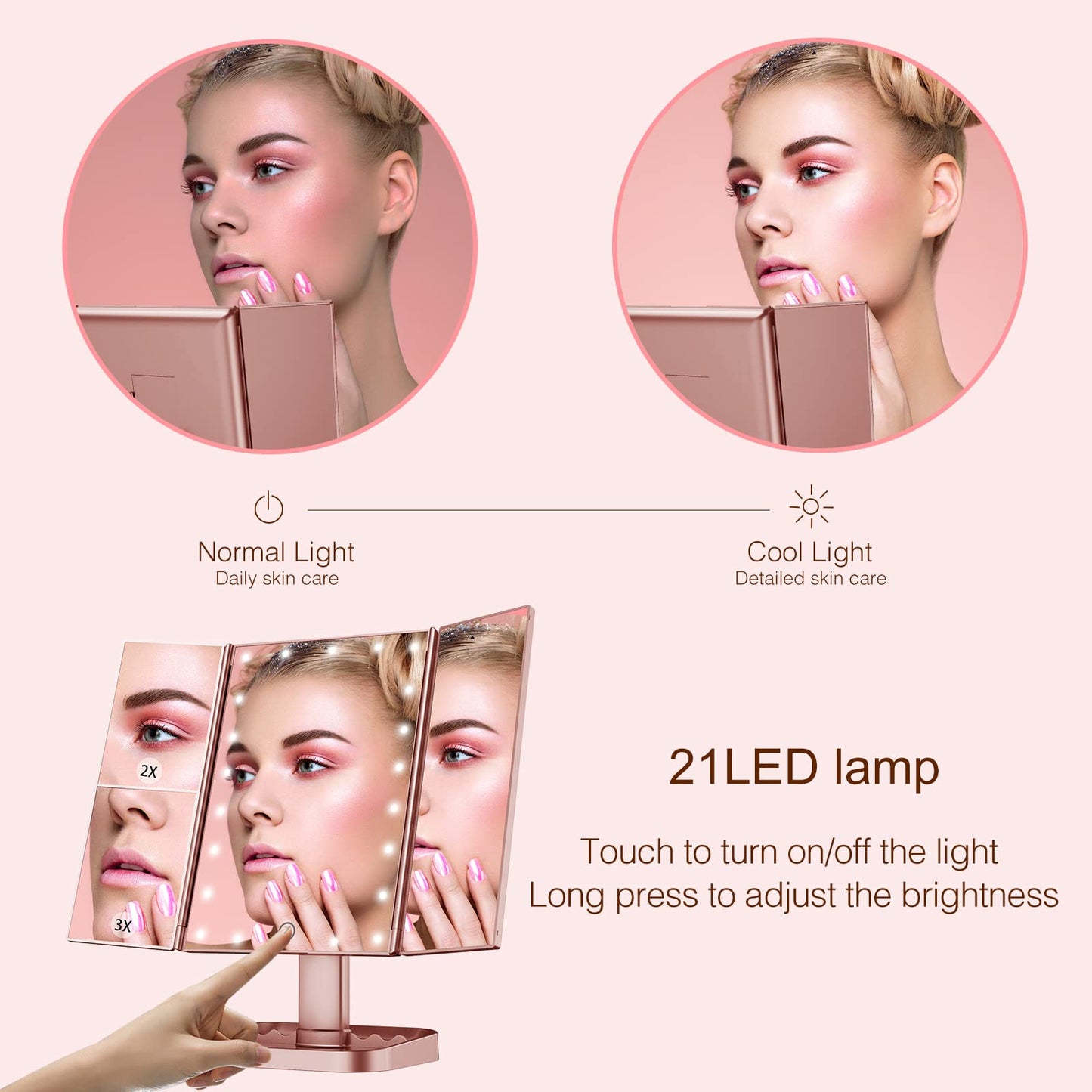 Makeup Mirror Vanity with Lights, 2X 3X 10X Magnification, Lighted Mirror, Touch Control, Trifold Dual Power Supply, Portable LED