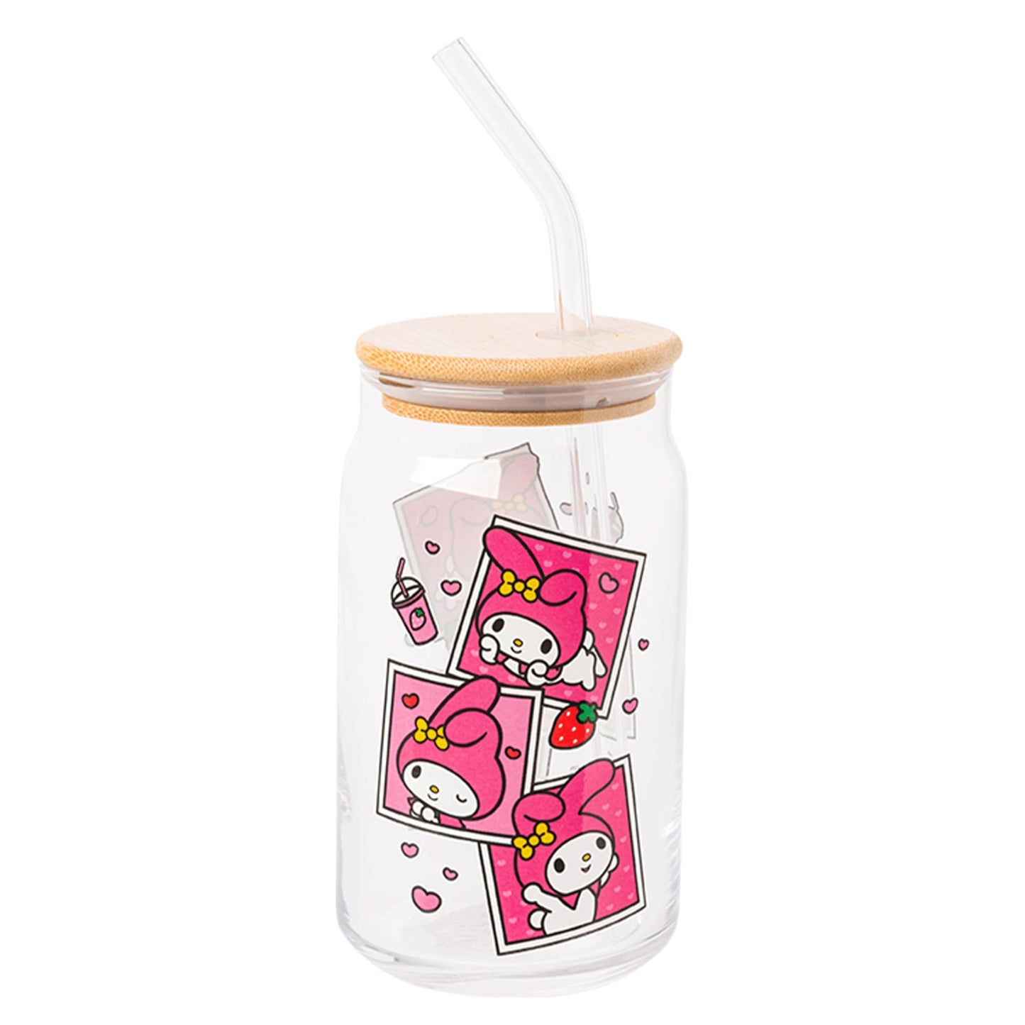 Sanrio Glass Jar Tumbler with Bamboo Lid and Glass Straw, 16 Ounces