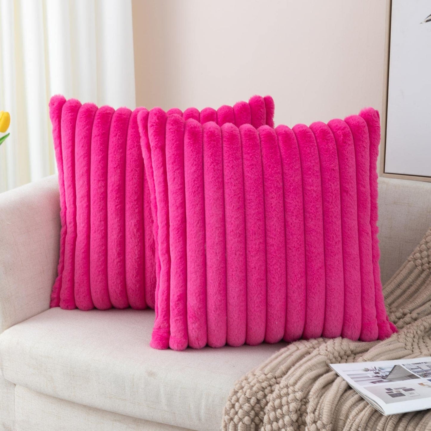 Set of 2 Fluffy Faux Fur Striped Pillow Covers – Decorative Cushion Cases