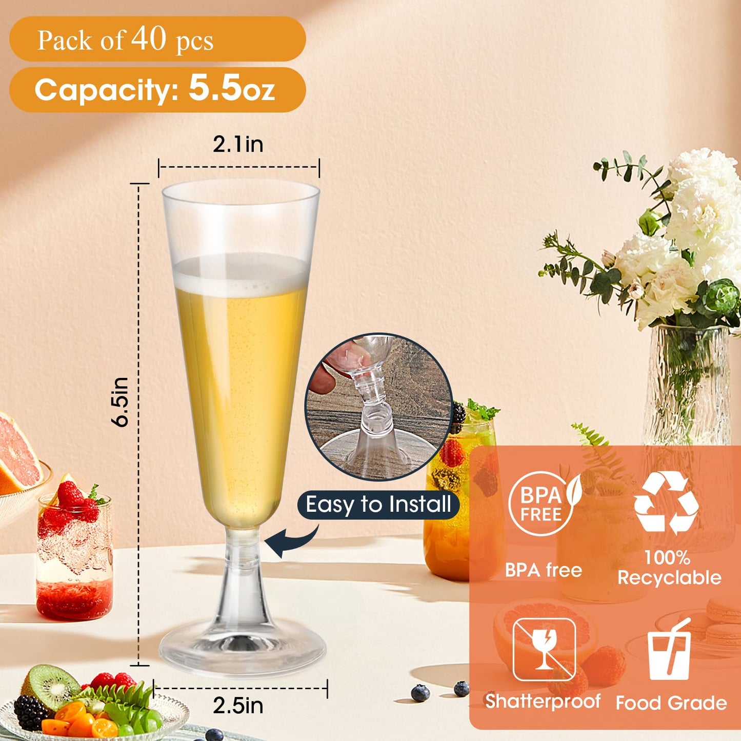 Champagne Flutes Plastic 100 Pack Disposable Mimosa Glasses