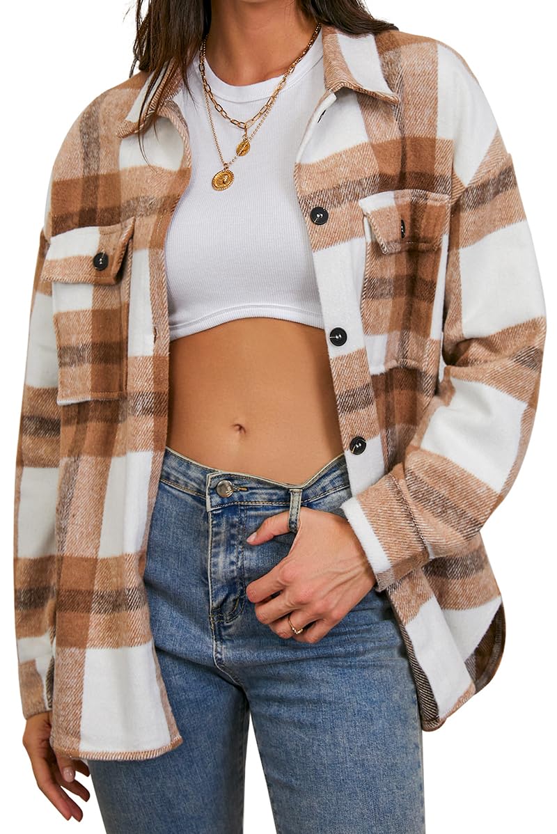 Women's Casual Flannel Plaid Shacket Button Down Long Sleeve Shirt Jacket Coats with Pockets