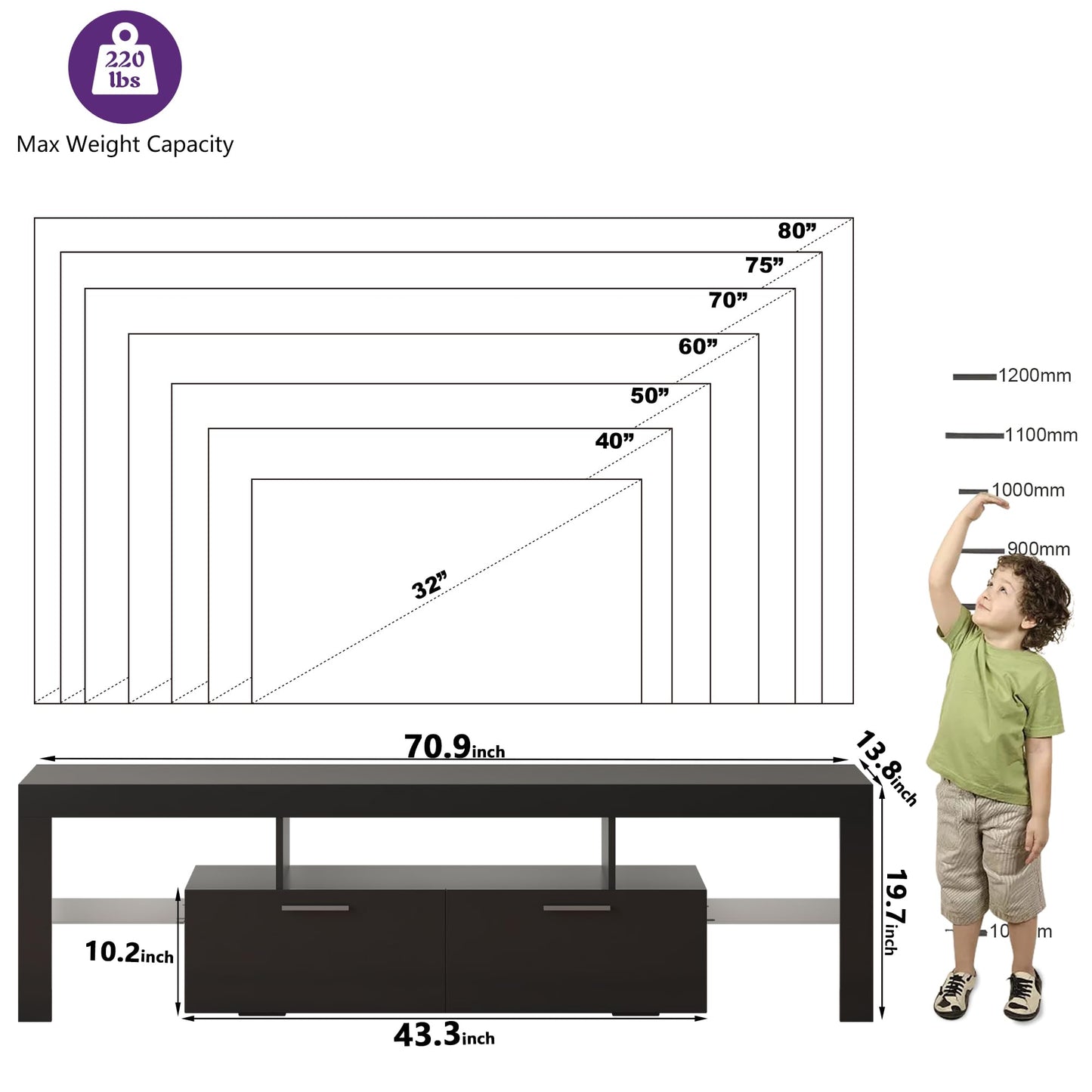 LED TV Stand with Large Storage Drawer -  Modern High Gloss TV Console Table with Entertainment Center