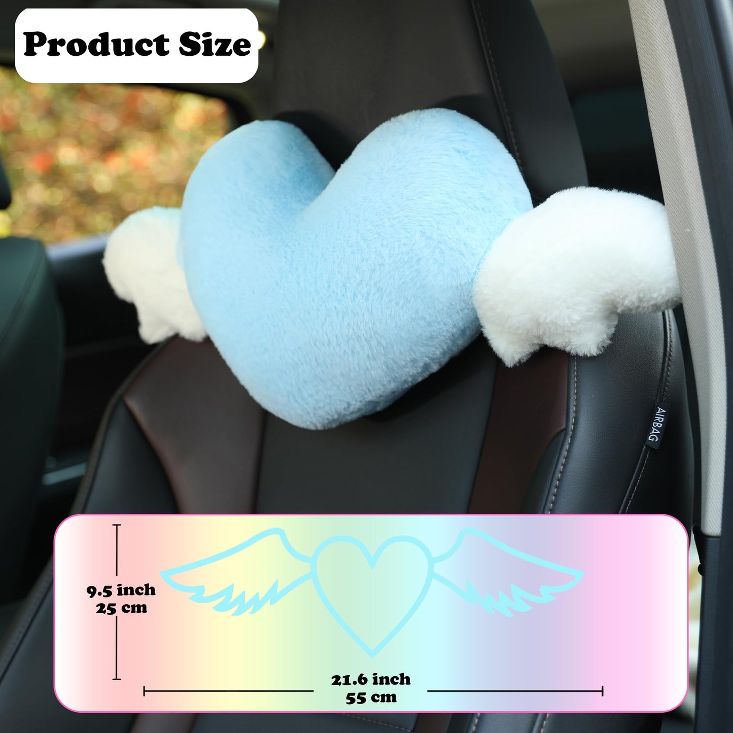 Heart Shaped Cute Car Headrest Pillow with Angel Wings - Comfortable Soft Head Rest Cushion Kawaii