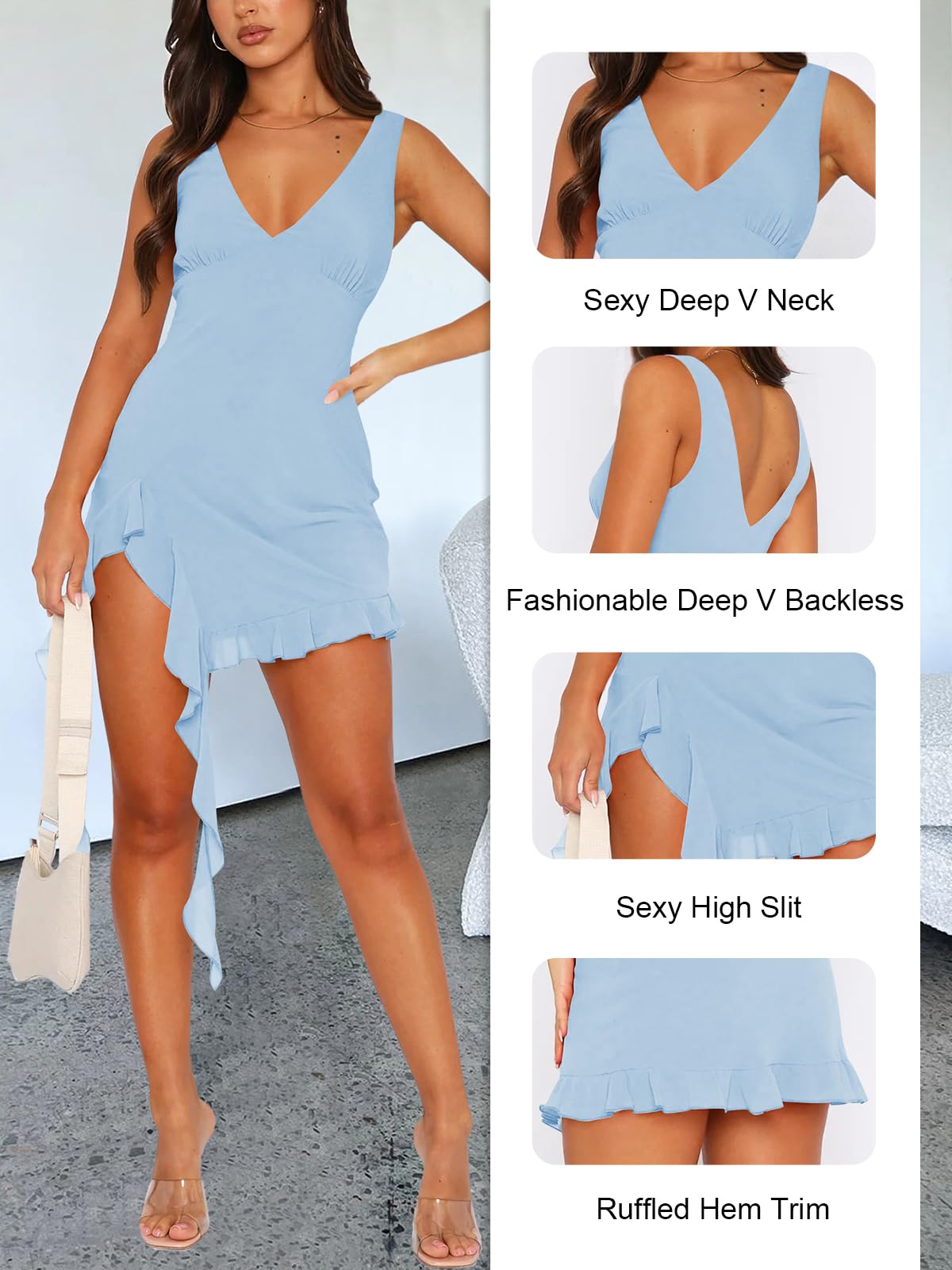 Women Sleeveless Sexy V Neck Bodycon Mini Dress Summer Side Slit Mesh Irregular Ruffle Hem Backless Short Dress