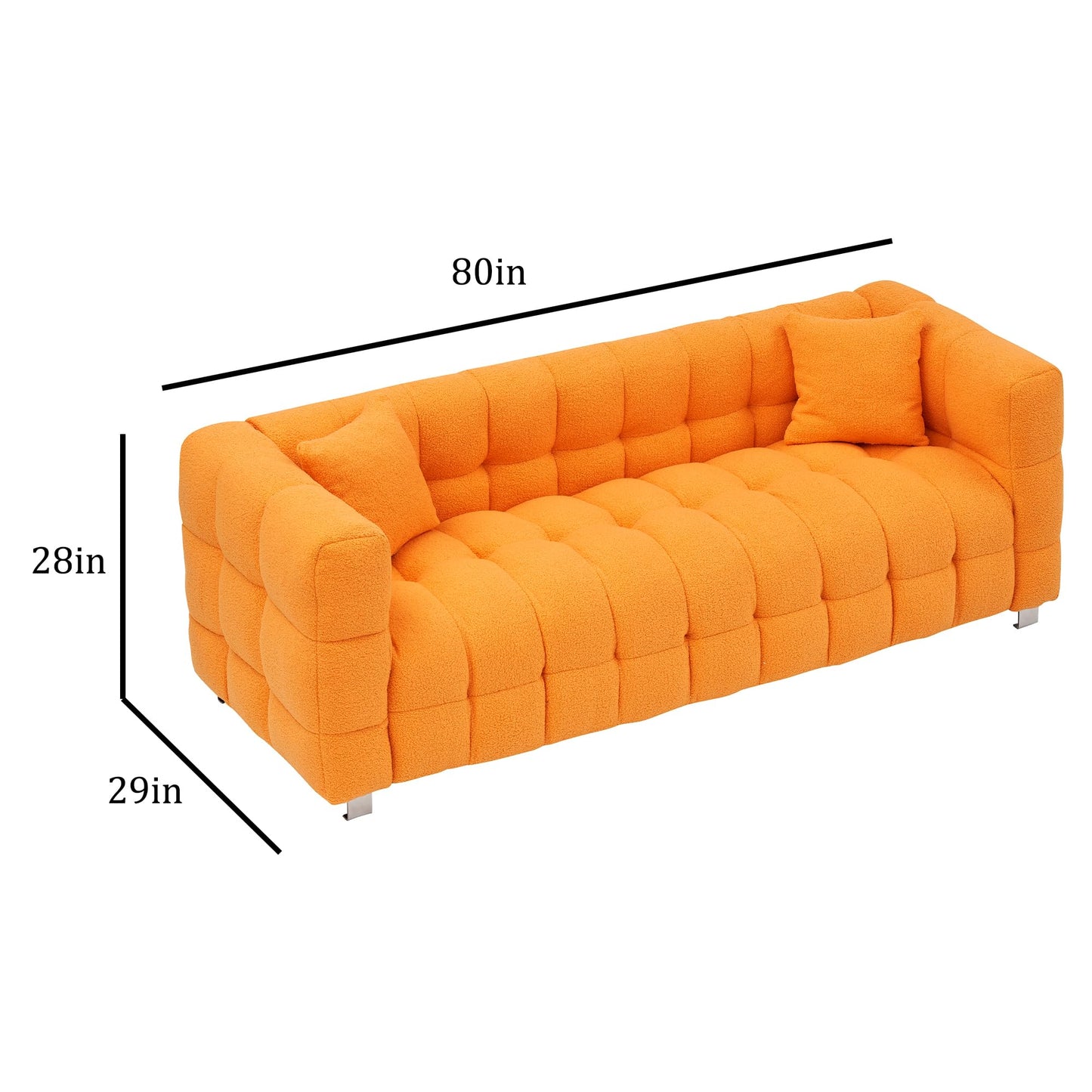 Modern Sofa Couch with Metal Legs Upholstered Tufted 3 Seater Couch with 2 Pillows Decor