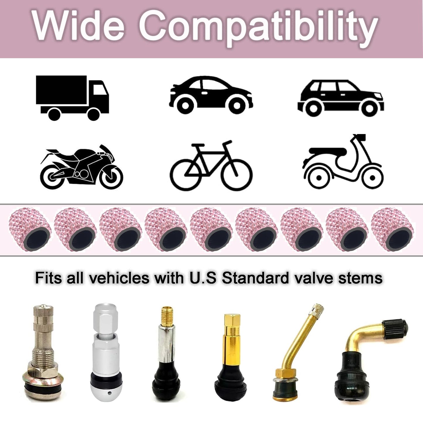 Pink Sparkling Crystal Tire Caps 4Pcs-Universal Car Tire Valve Caps Bling for Car SUV Motorcycle Bicycle Truck