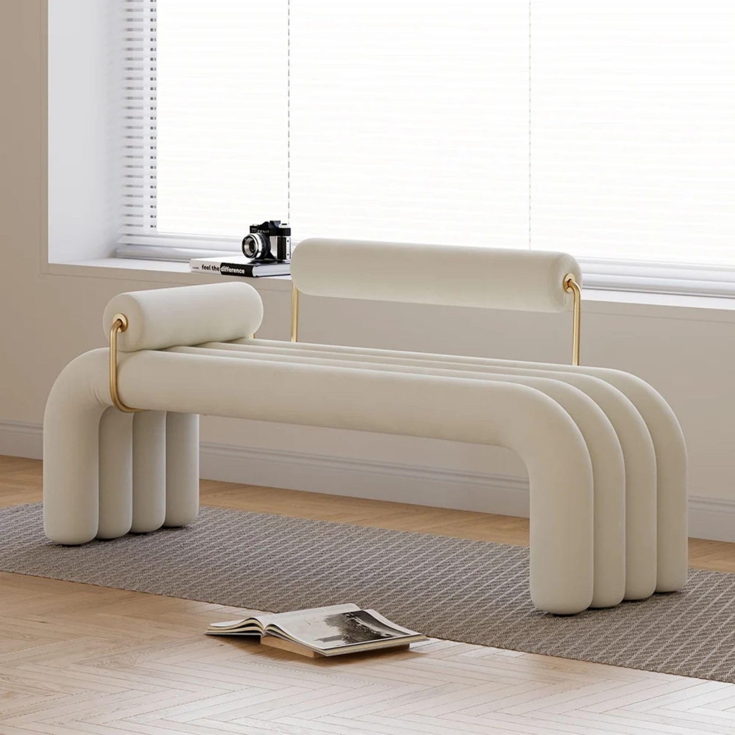 Modern White Line Tufted Bench Upholstered Entryway Bench Velvet Ottoman with Padded Seat