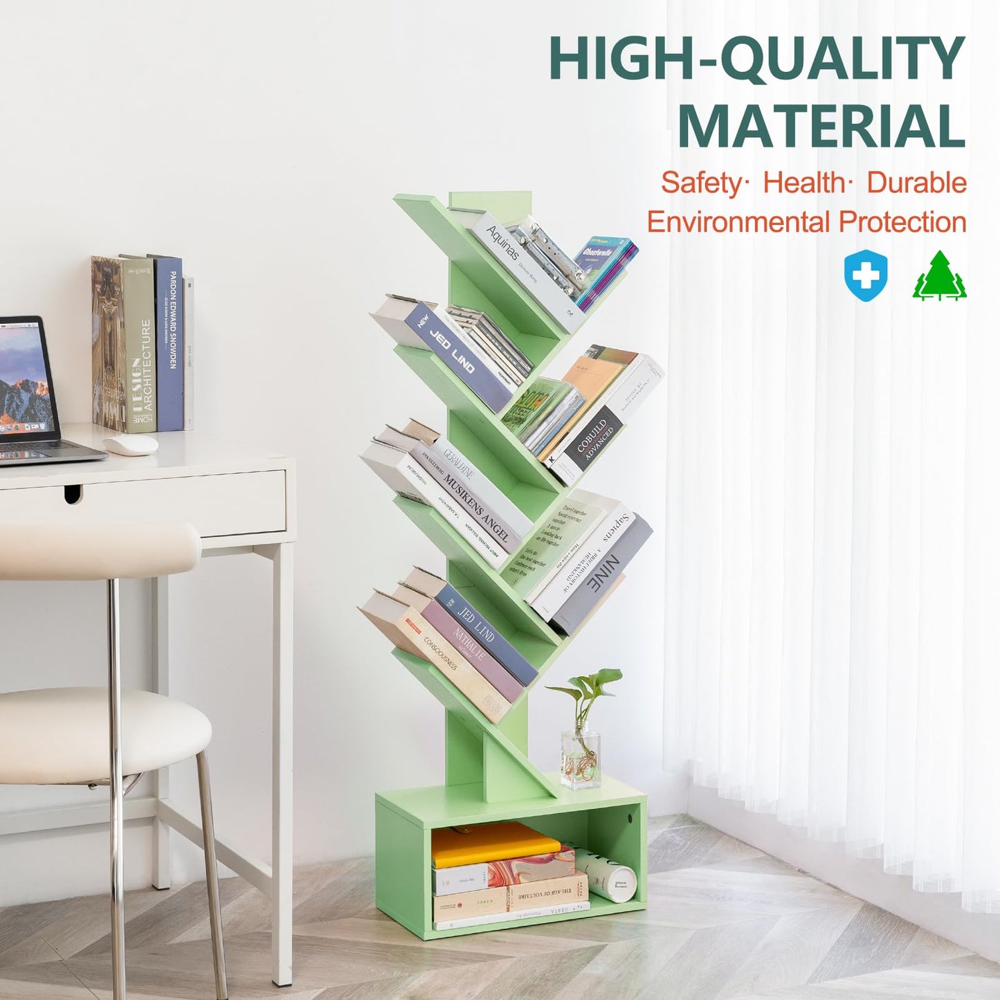 Tree Bookshelf - 6 Shelf Retro Floor Standing Bookcase, Tall Wood Book Storage Rack