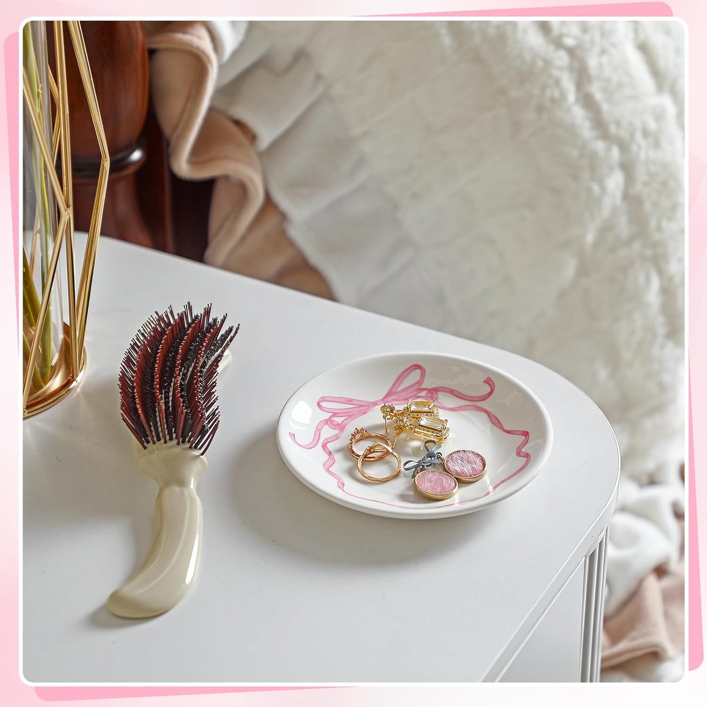 Pink Coquette Bow Dish White Round Ceramic Trinket Dish