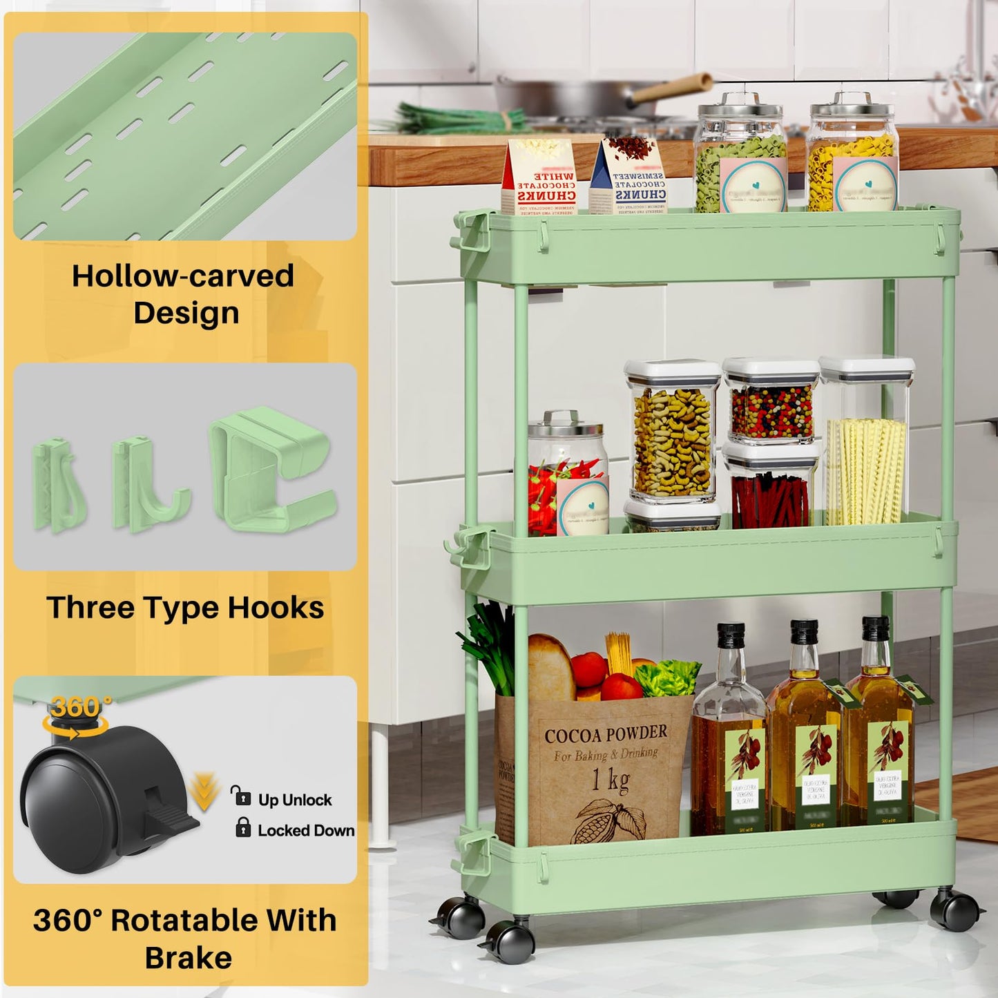 Slim Rolling Storage Cart, 3 Tier Bathroom Organizer