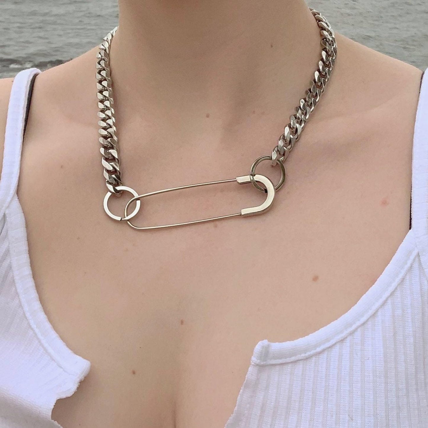 Safety Pin Necklace Heart Pendant