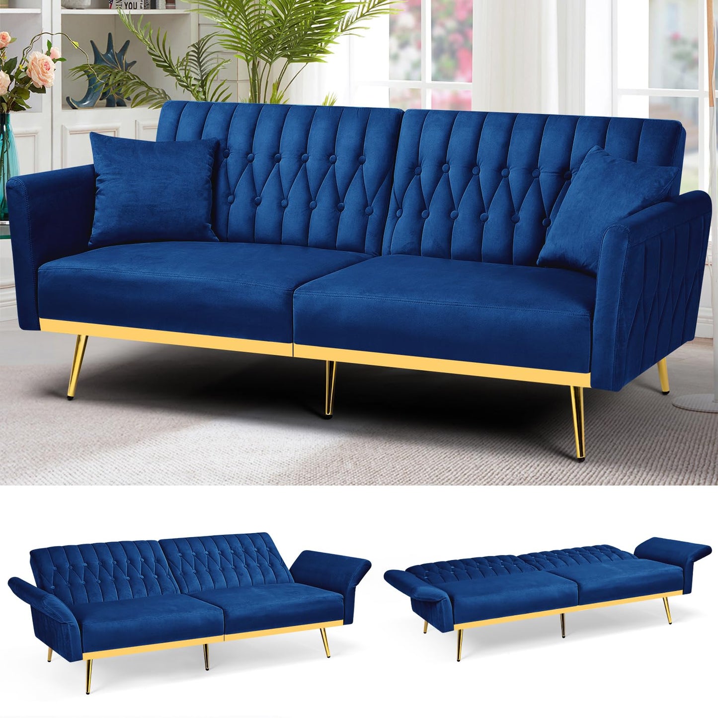 Velvet Futon Sofa Bed with 2 Pillows and Adjustable Armrests, 70”