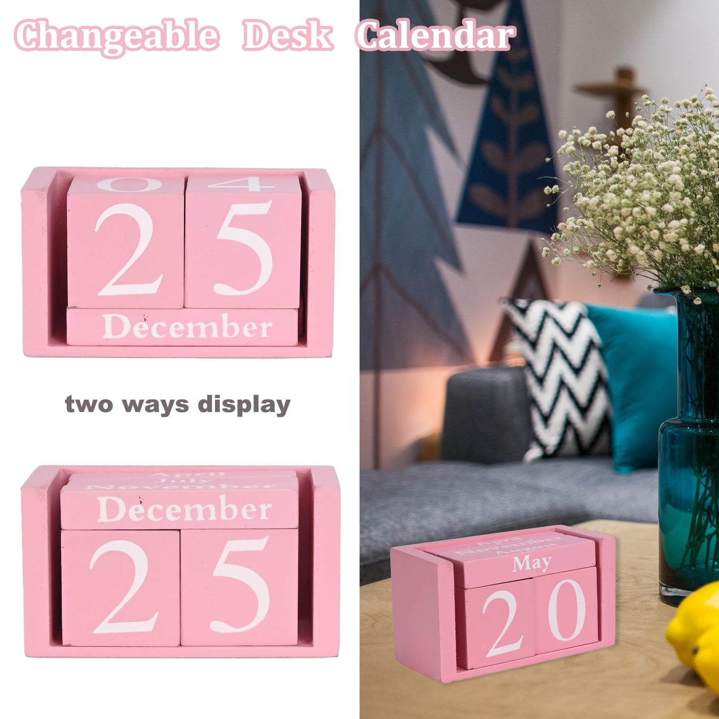 Pink Wooden Perpetual Block Calendar for Desk,