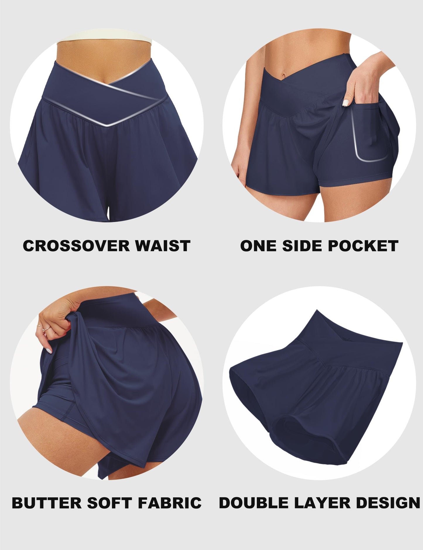 Crossover Athletic Shorts for Women – 2-in-1 Flowy Running Shorts with Pockets & Spandex Tennis Skorts