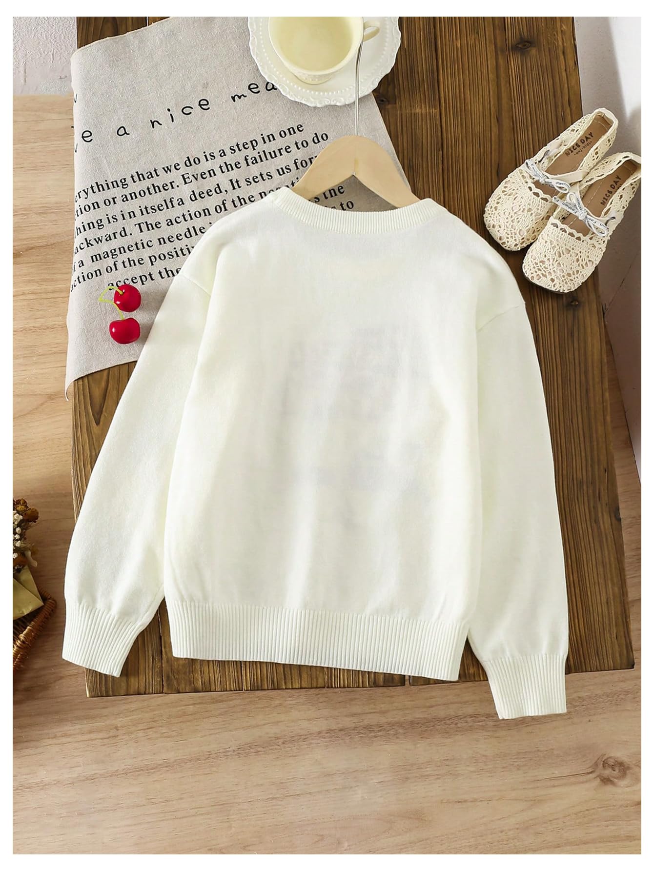 Girl's Cherry Pattern Knit Sweater Long Sleeve Crewneck Loose Pullover Tops