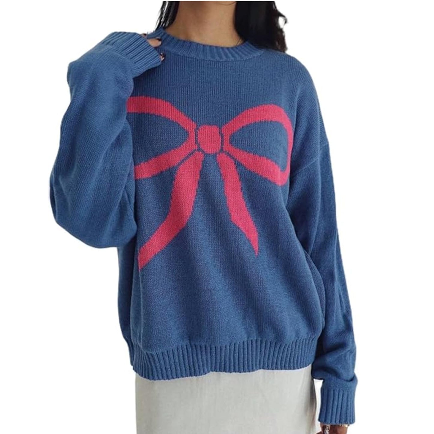 Women Oversized Y2K Fall Sweater Cute Bow Print Long Sleeve Cable Knit Pullover