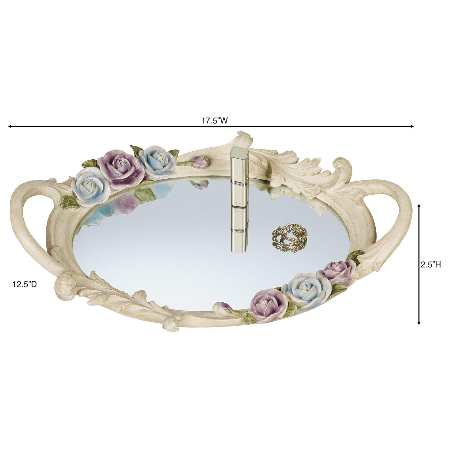 Rose Antique Charming Floral Mirrored Vanity Tray Purple and Blue on Ivory