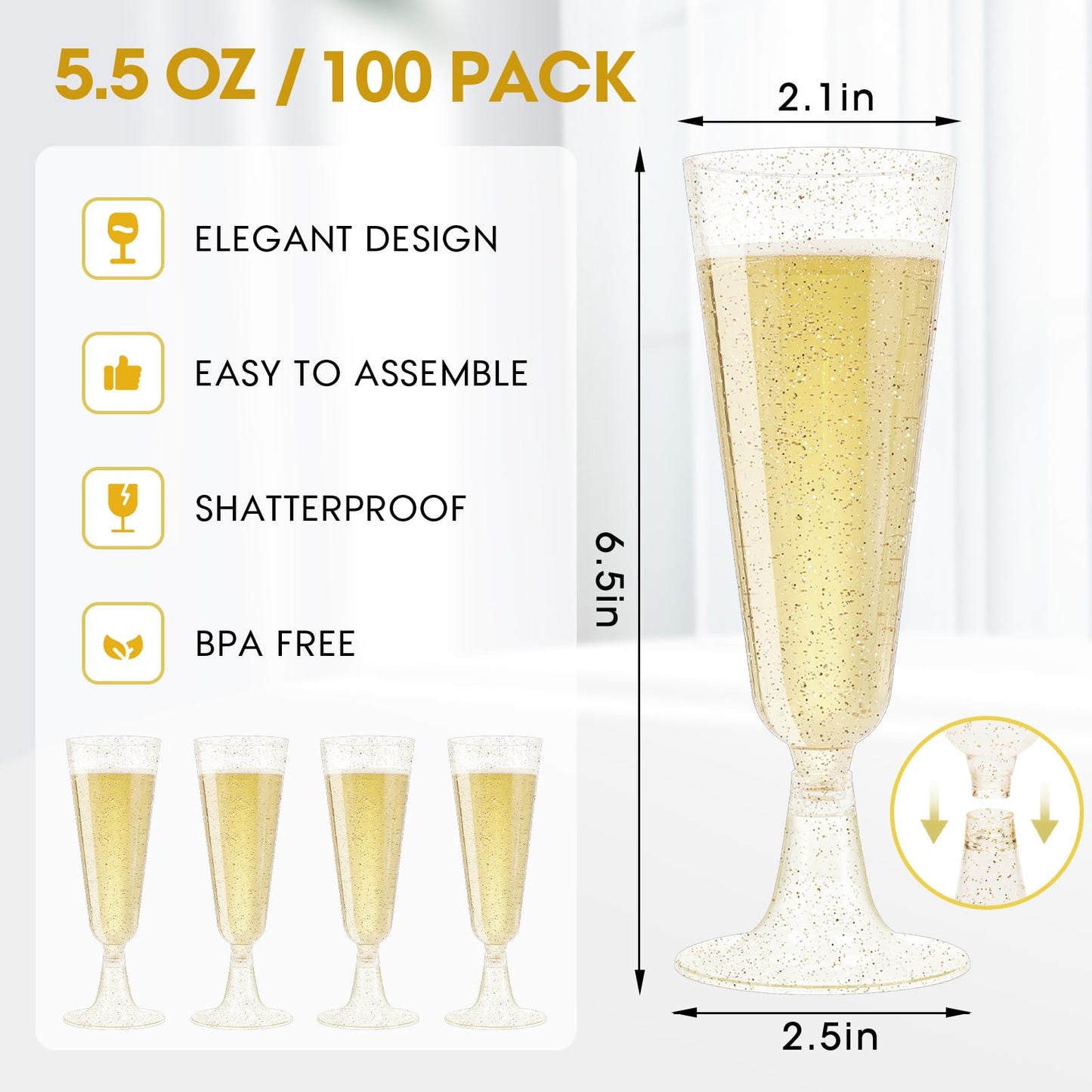 Champagne Flutes Plastic 100 Pack Disposable Mimosa Glasses