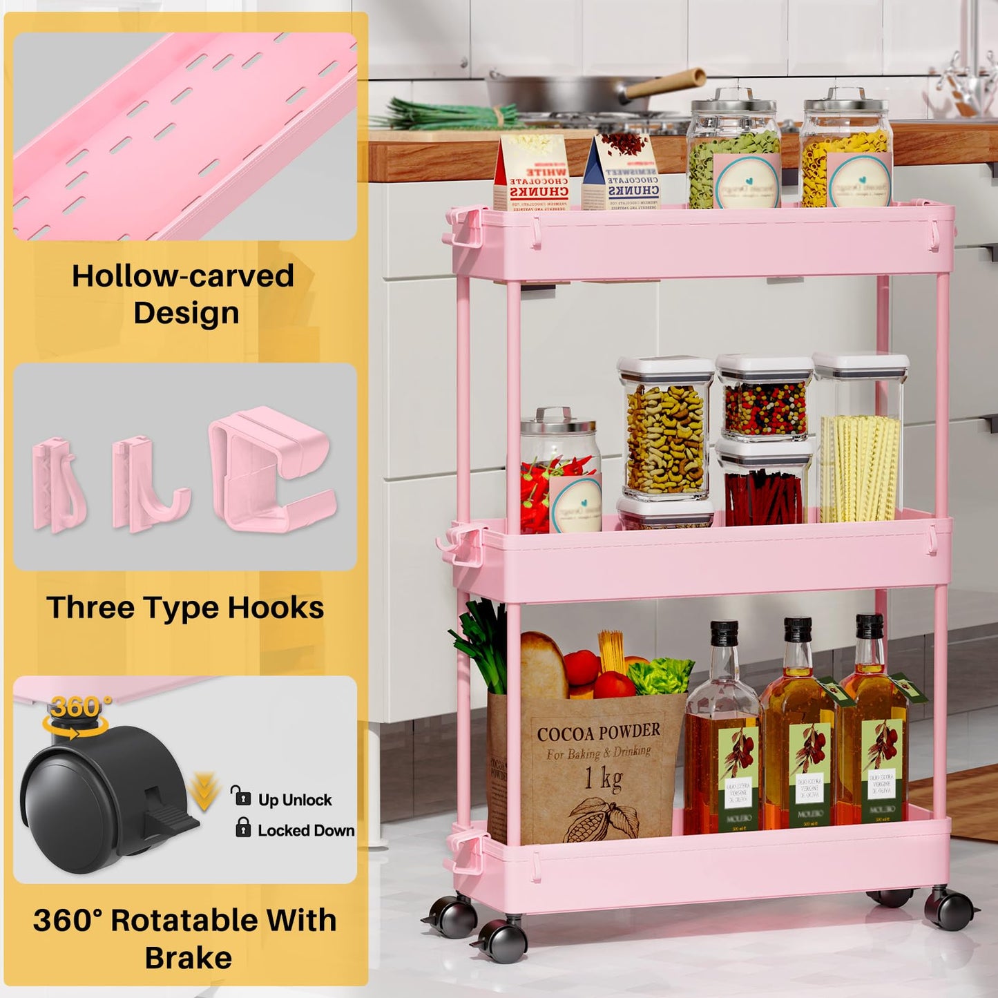 Slim Rolling Storage Cart, 3 Tier Bathroom Organizer