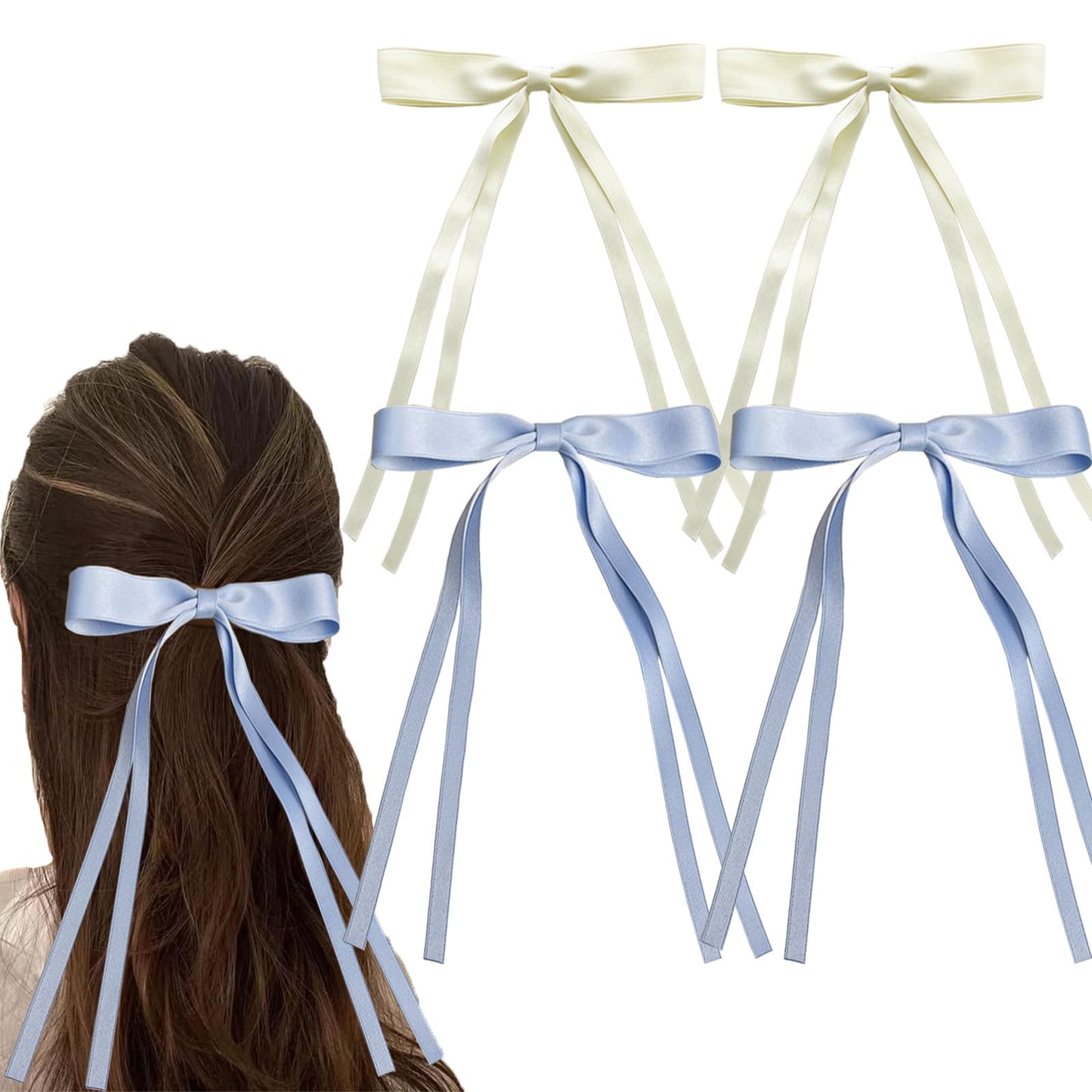 Satin 4-Piece Hair Ribbon Clips for Women and Girls – Pink and Beige Long Tail Bow Hair Accessories