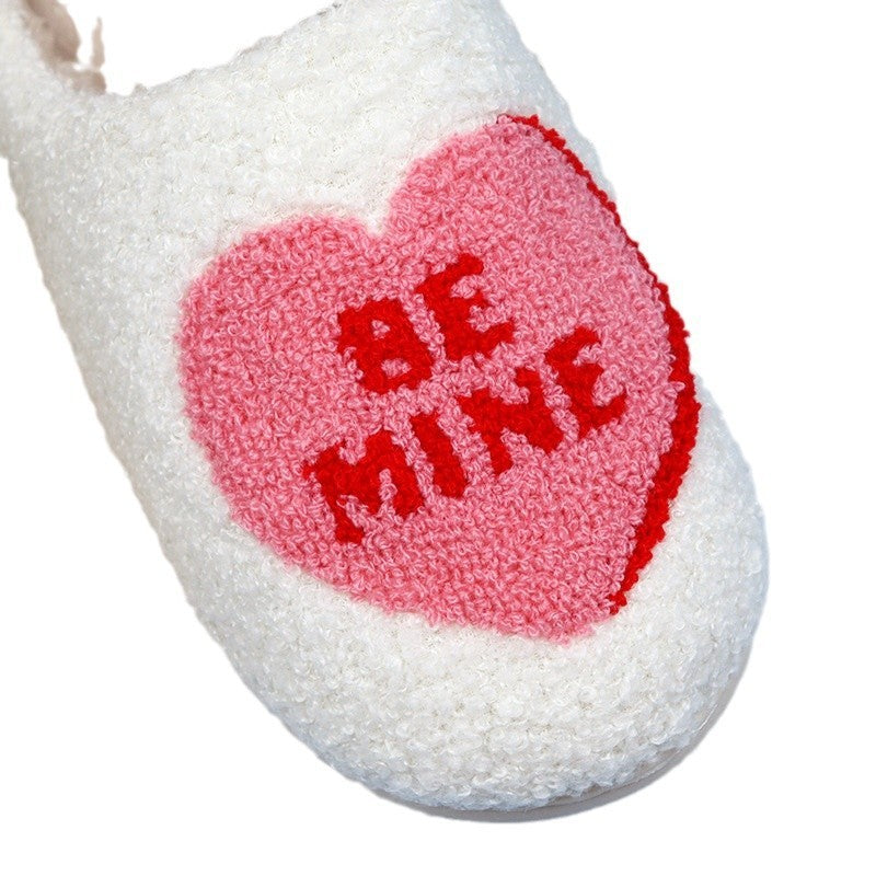 Women's Love Heart Cotton Slippers – Non-Slip Plush Indoor Slides