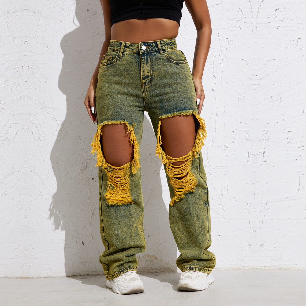 Yellow Wash Streetwear Split Loose Straight Jeans Y2K Ripped Retro Women Denim Pants