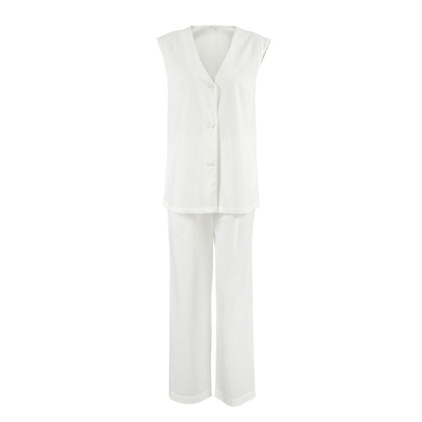 White V-neck Cotton And Linen Sleeveless Waistcoat Vest High Waist Pants Suit