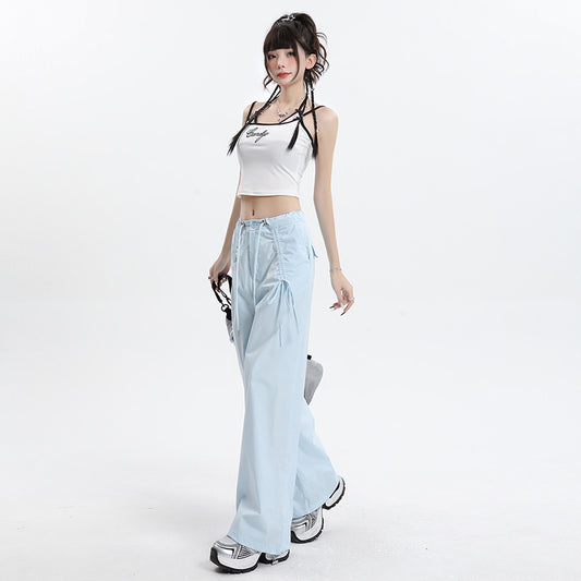 Straight Cargo Pants Women Bow Drawstring Wide Leg Track Pants