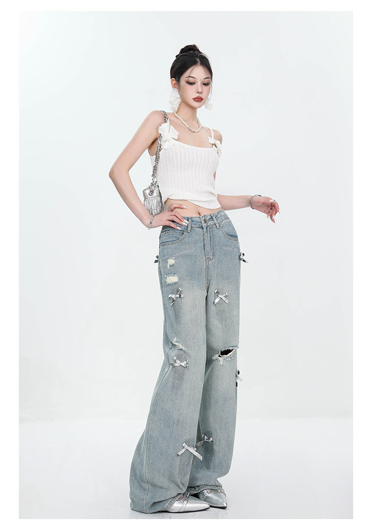 Women's Bow Wide Leg Retro Ripped Straight Jeans