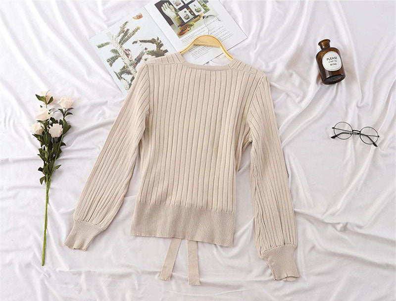 Women V-Neck Waist Belt Bow Knit Pullover Sweater Top