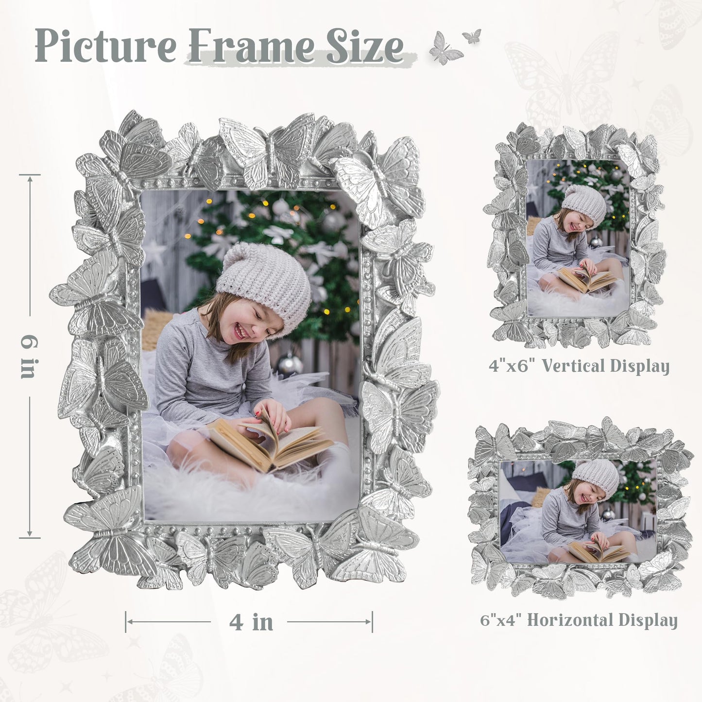 Picture Frame with High Tempered Glass, Butterfly Textured Hand-Crafted Resin Cute Photo Frame with Easel & Hook for Tabletop & Wall Display