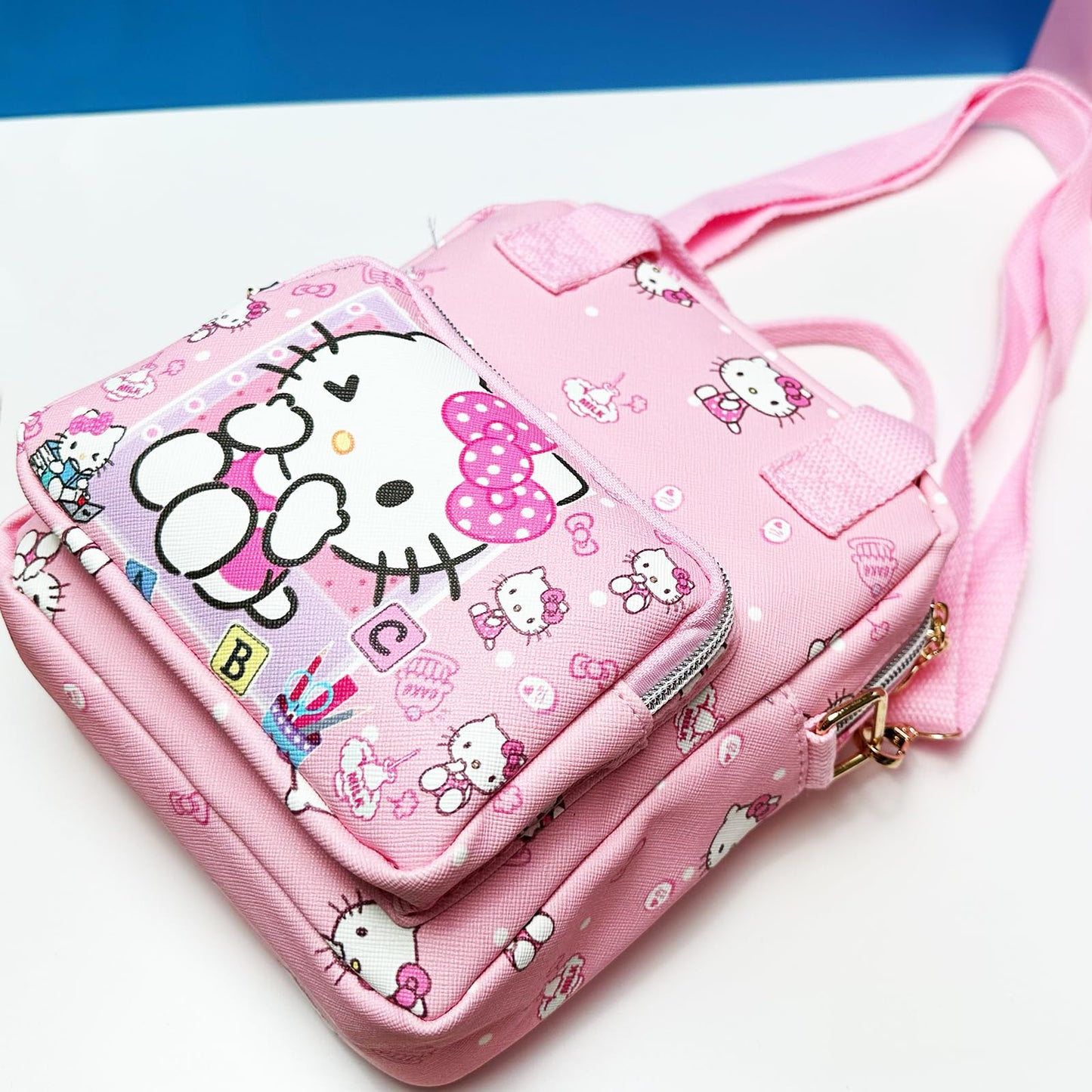 Kawaii Kitty PU Crossbody Bag with Handles Adjustable Shoulder Strap and Bracelet, Handbag with Zipper, Wallet Purse