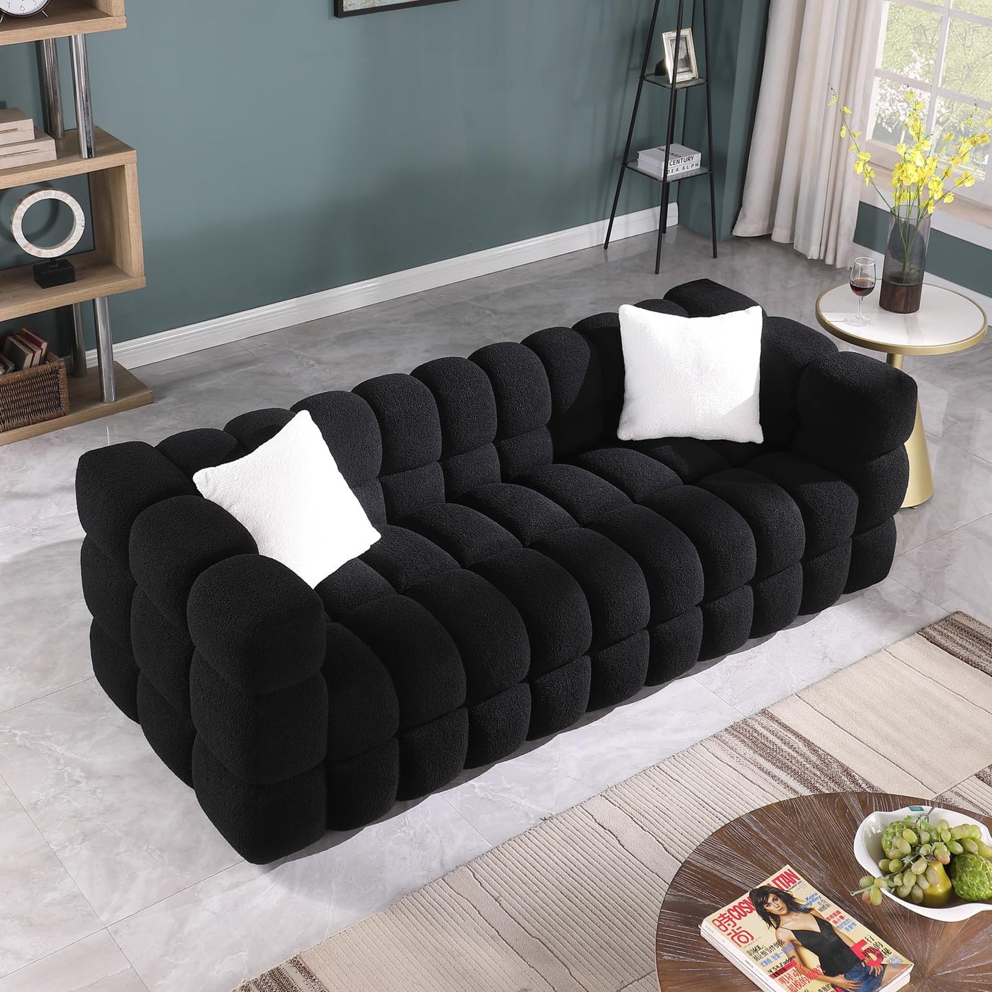 Modern Sofa Couch with Metal Legs Upholstered Tufted 3 Seater Couch with 2 Pillows Decor