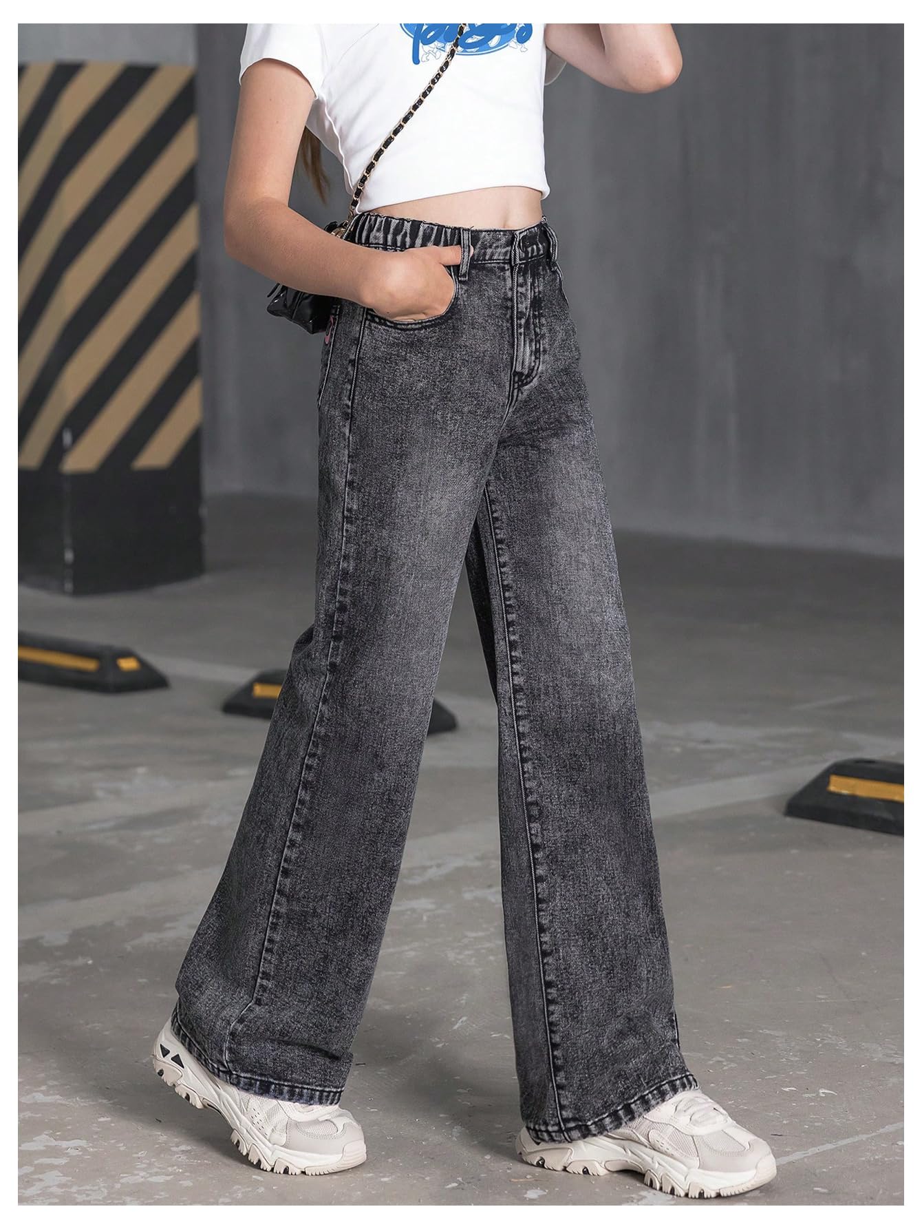 Girl's Bow Print Back Zipper Fly Elastic High Waist Denim Pants Basic Wide Leg Jeans