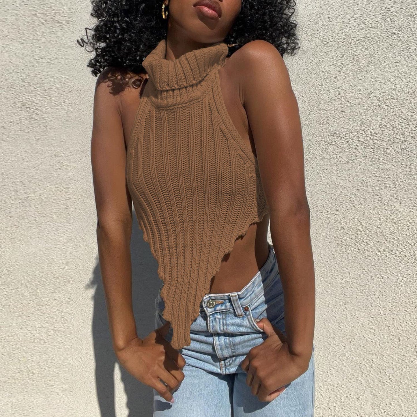 Sexy Halter Knitted Turtleneck Crop Tank Tops Irregular Cut Out Backless Camisole