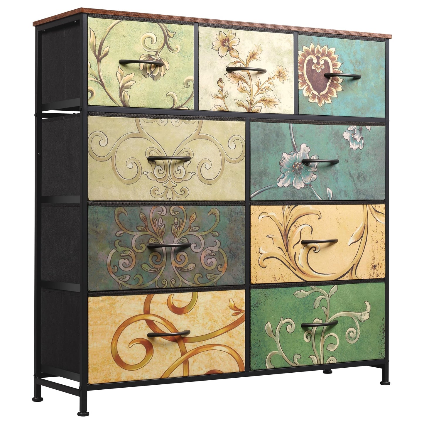 Drawer Fabric 9 Dresser – Tall Storage Tower with Bins, Steel Frame, and Wood Top