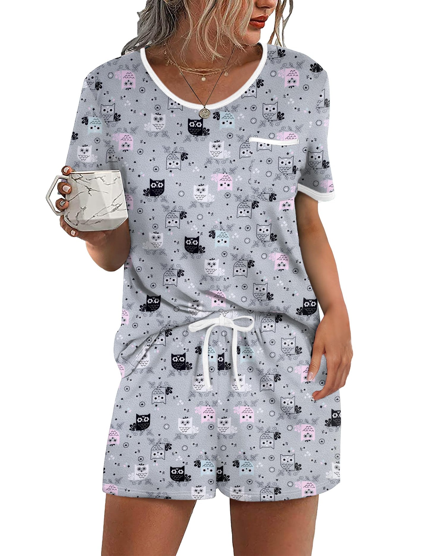 Pajama Set for 2 Piece Lounge Set Short Sleeve Tops and Shorts Soft Sleepwear, Chest Pocket