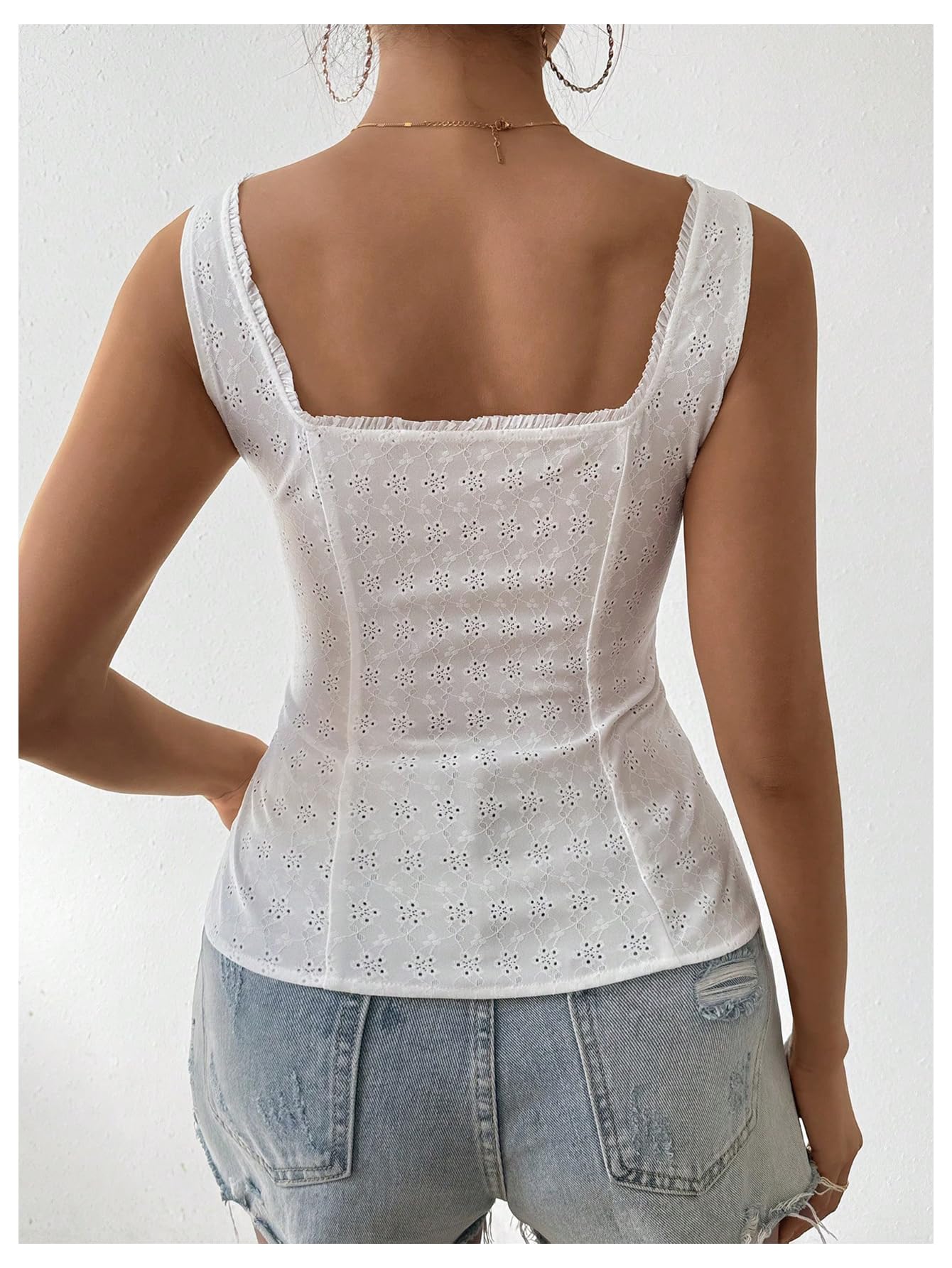 Women Square Neck Sleeveless Lace Tank Top