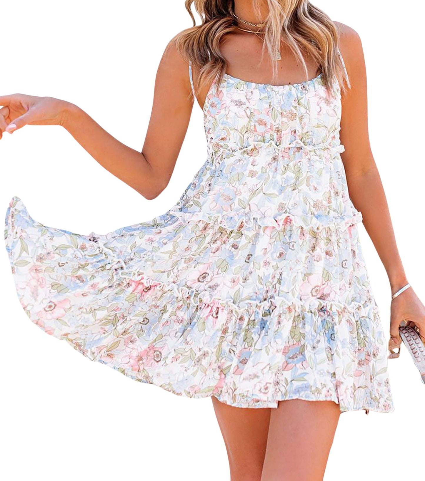 Womens Summer Floral Mini Dress Boho Flowy Skater Dresses Short Sleeveless Ruffle Spaghetti Strap Dress